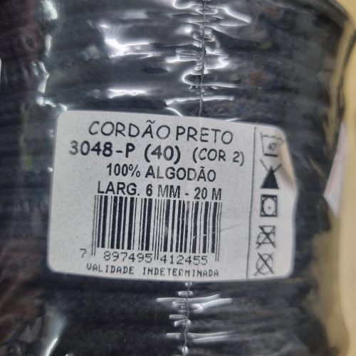 Cordão Trançado de Algodão Preto 3048 6mm